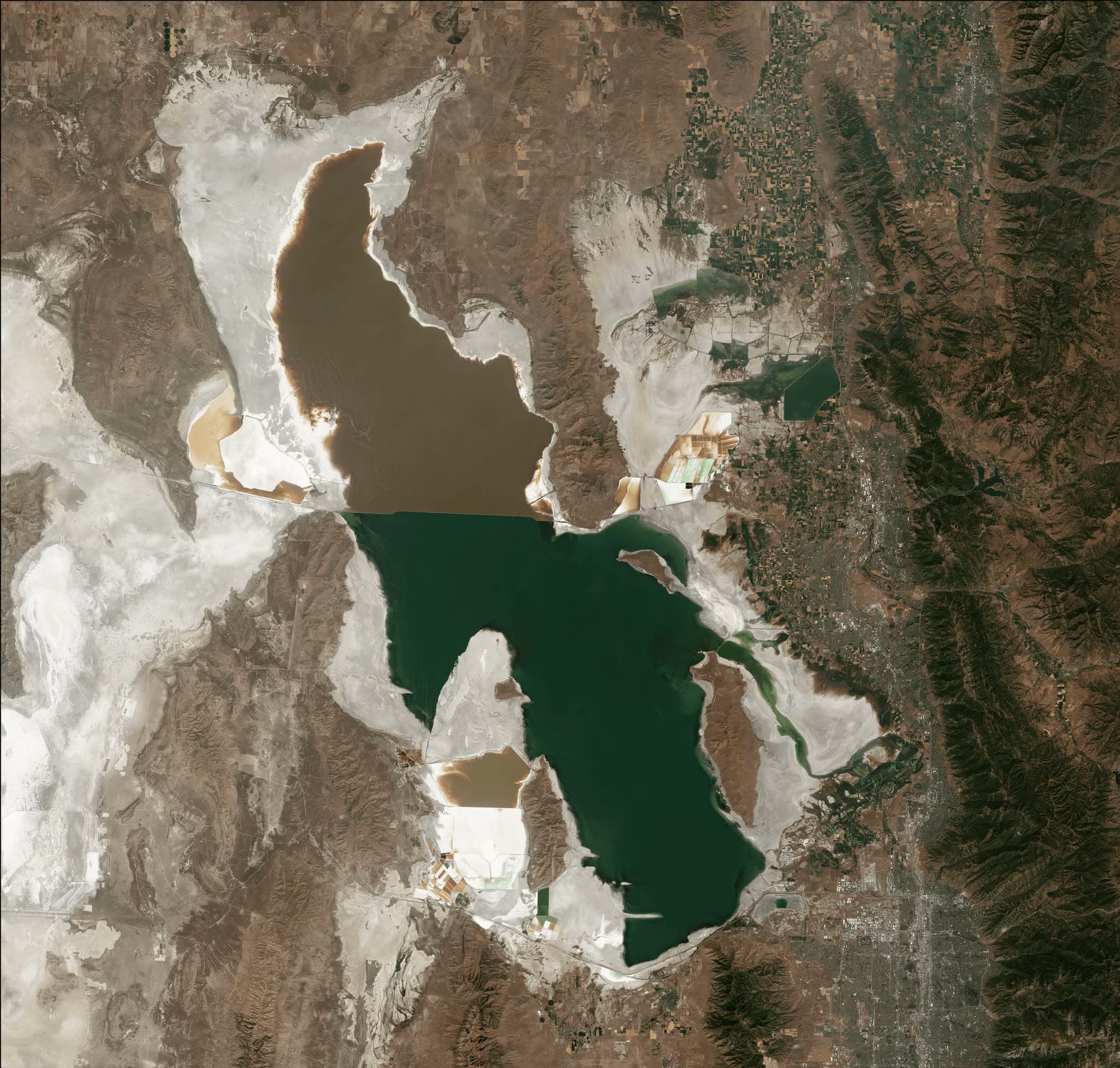 Aerial view of a receding salt lake